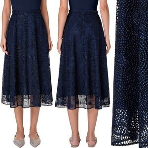 Akris Punto Metallic Embroidered Navy Blue Tulle Midi Skirt M (10)